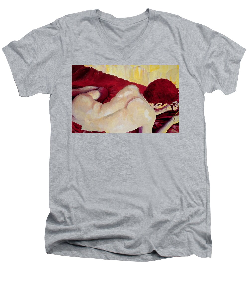 Male Figure Men's V-Neck T-Shirt featuring the painting Listen to the Night by Rene Capone