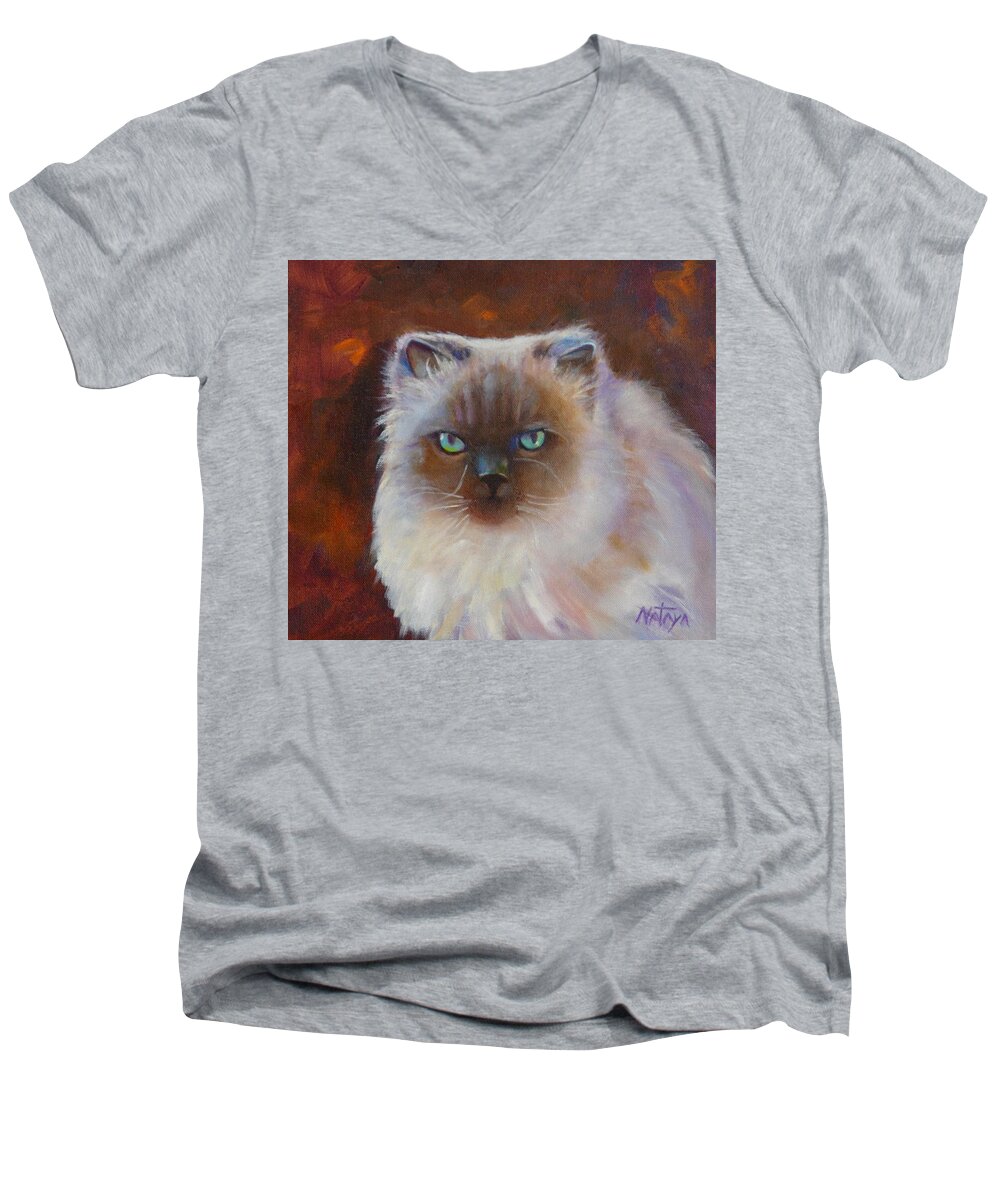 Cat Men's V-Neck T-Shirt featuring the painting Little Buddha Boy by Nataya Crow