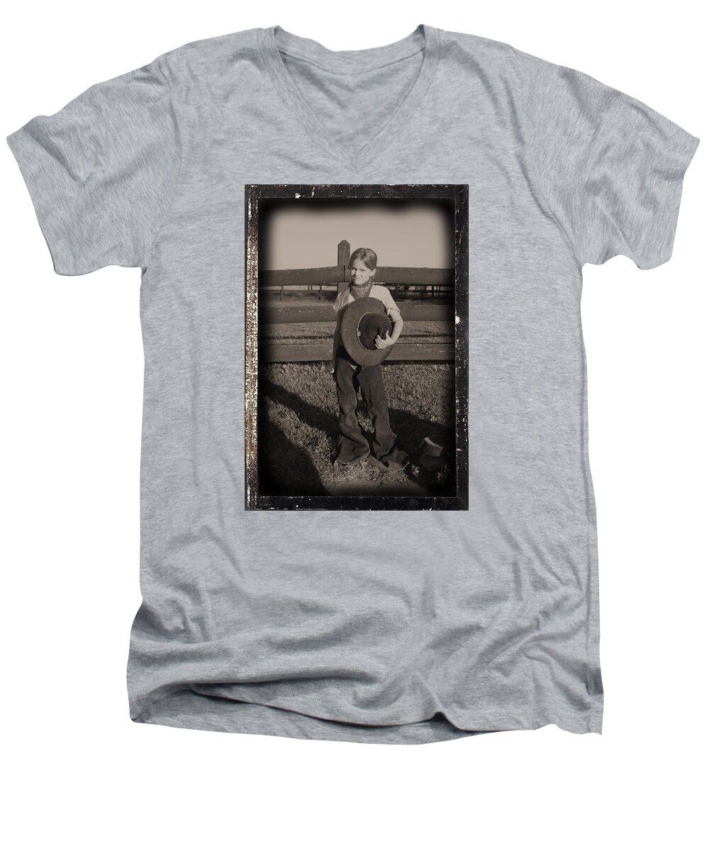 Western Photography Men's V-Neck T-Shirt featuring the photograph Little Cowgirl, Big Hat by Traci Goebel
