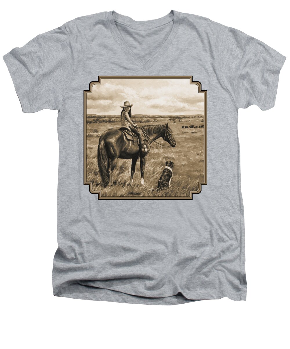 Western Men's V-Neck T-Shirt featuring the painting Little Cowgirl on Cattle Horse in Sepia by Crista Forest