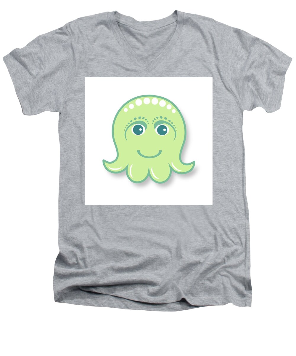 Little Octopus Men's V-Neck T-Shirt featuring the digital art Little cute green octopus by Ainnion