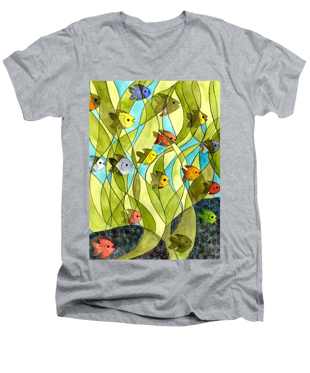Fish Men's V-Neck T-Shirt featuring the painting Little Fish Big Pond by Catherine G McElroy