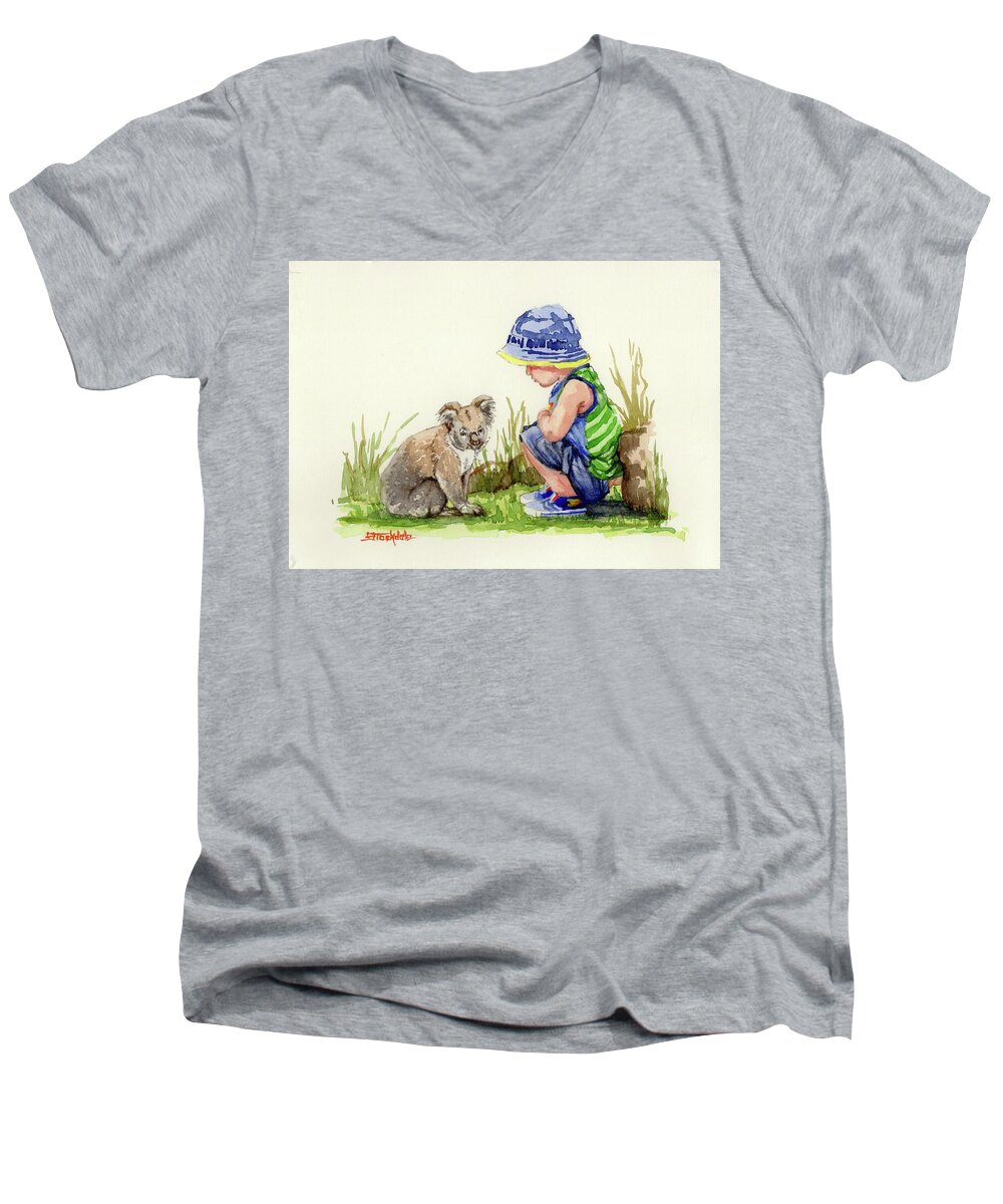 Koala Men's V-Neck T-Shirt featuring the painting Little Friends Watercolor by Margaret Stockdale