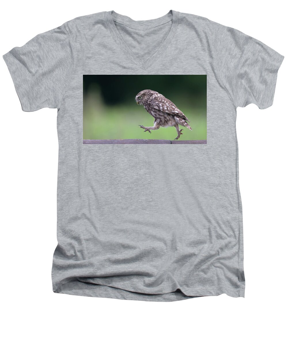 Little Men's V-Neck T-Shirt featuring the photograph Little Owl Running Along Ridge Tiles by Pete Walkden