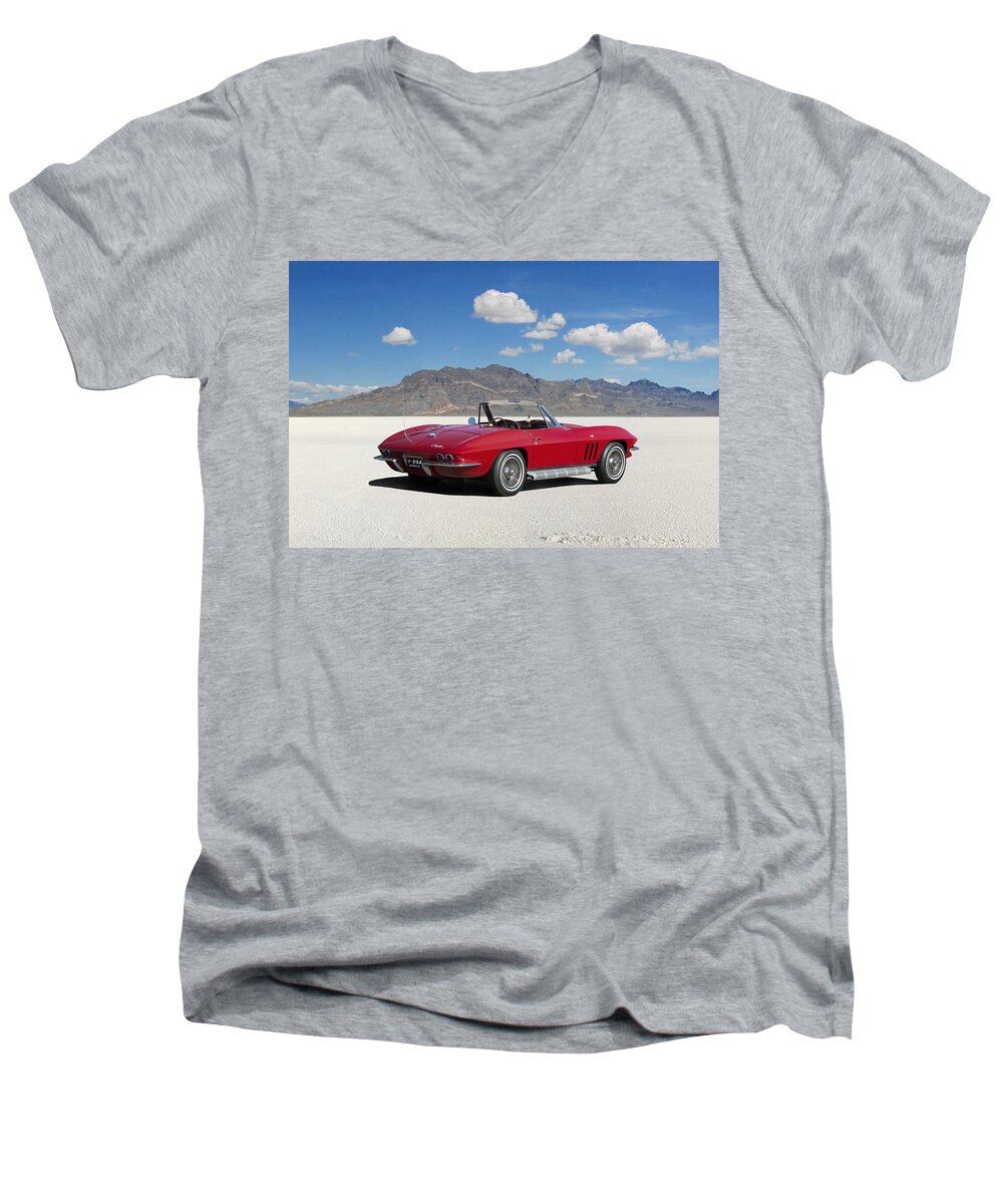Chevrolet Men's V-Neck T-Shirt featuring the digital art Little Red Corvette by Peter Chilelli