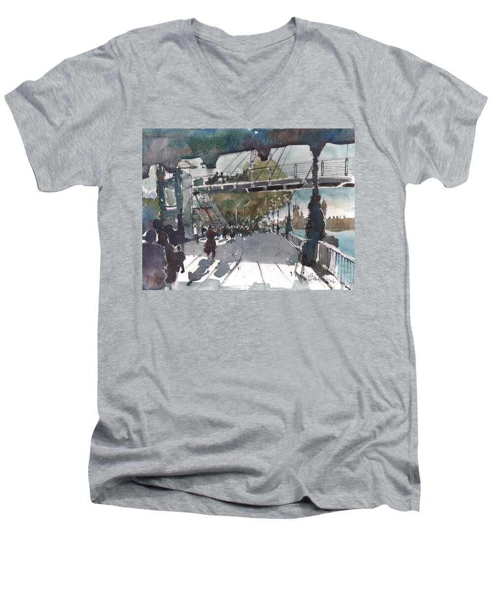 Watercolour Men's V-Neck T-Shirt featuring the painting Lively Southbank London by Gaston McKenzie
