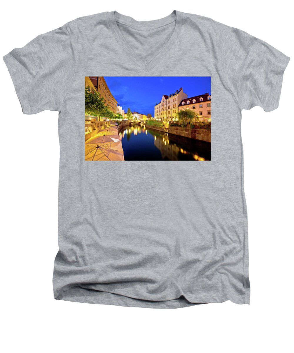 Ljubljana Men's V-Neck T-Shirt featuring the photograph Ljubljanica river waterfront in Ljubljana evening view by Brch Photography