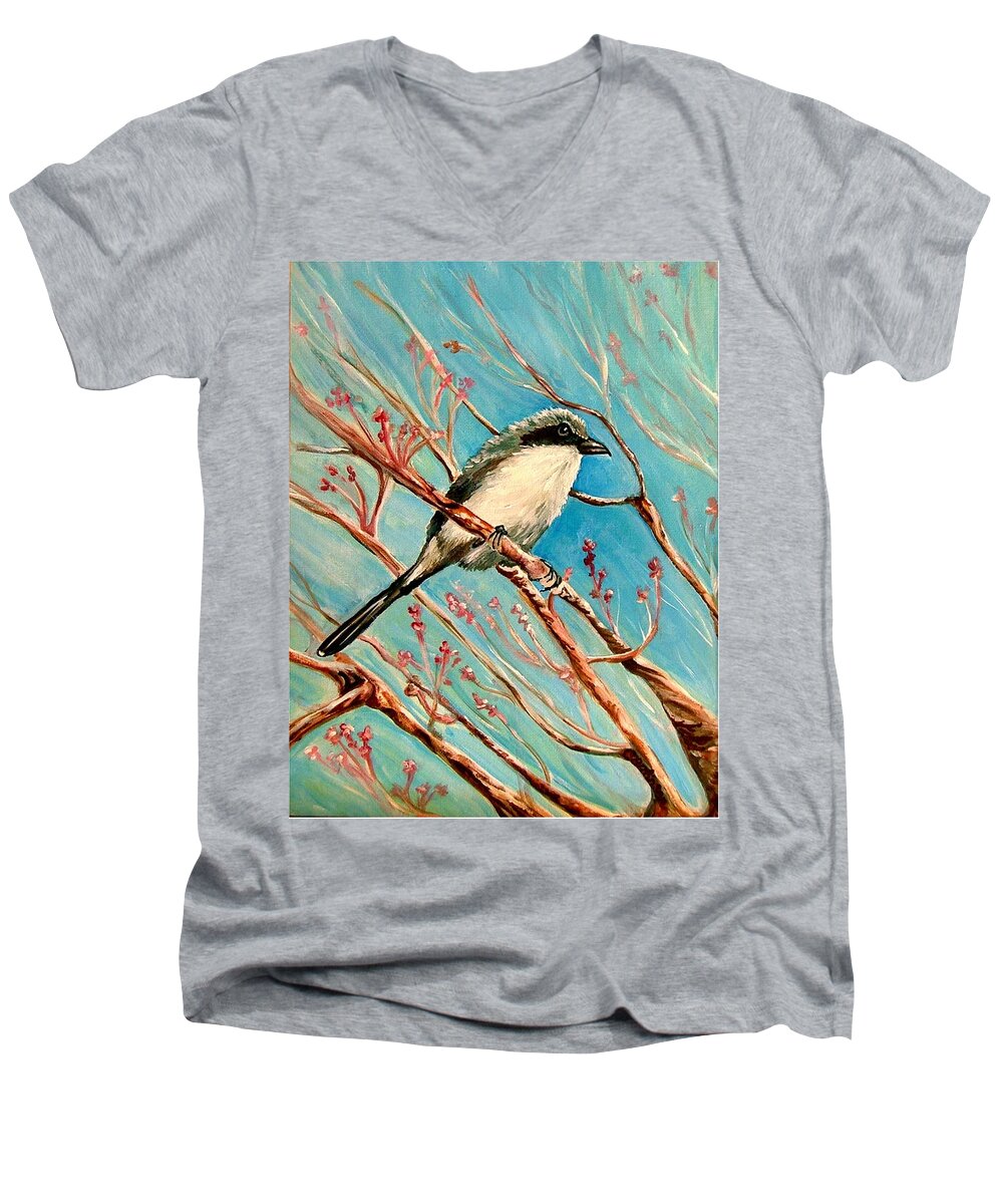 Loggerhead Shrike Men's V-Neck T-Shirt featuring the painting Loggerhead Shrike by Carol Allen Anfinsen