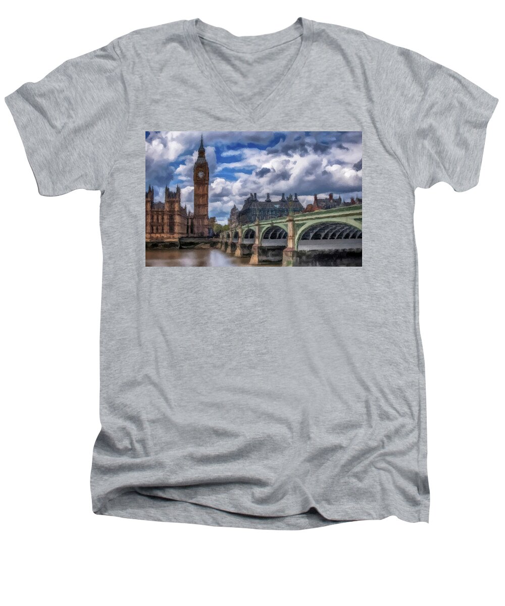 London Men's V-Neck T-Shirt featuring the painting London Big Ben by David Dehner