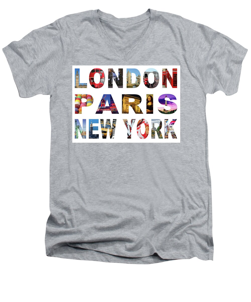 Cities Men's V-Neck T-Shirt featuring the digital art London Paris New York, White Background by MGL Meiklejohn Graphics Licensing