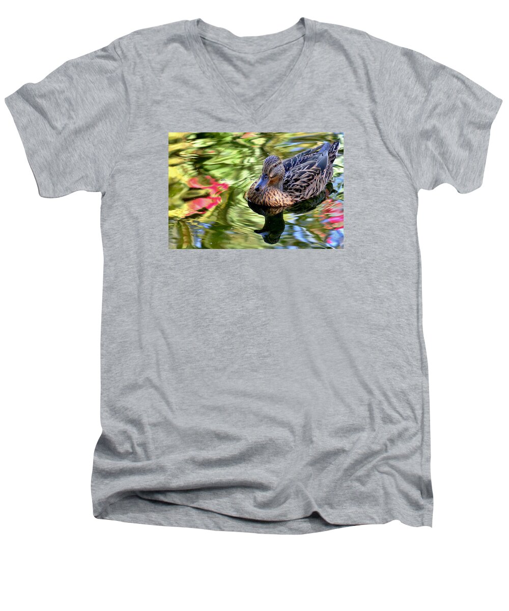 Mallards Men's V-Neck T-Shirt featuring the photograph Lonely Duckie by Elaine Malott
