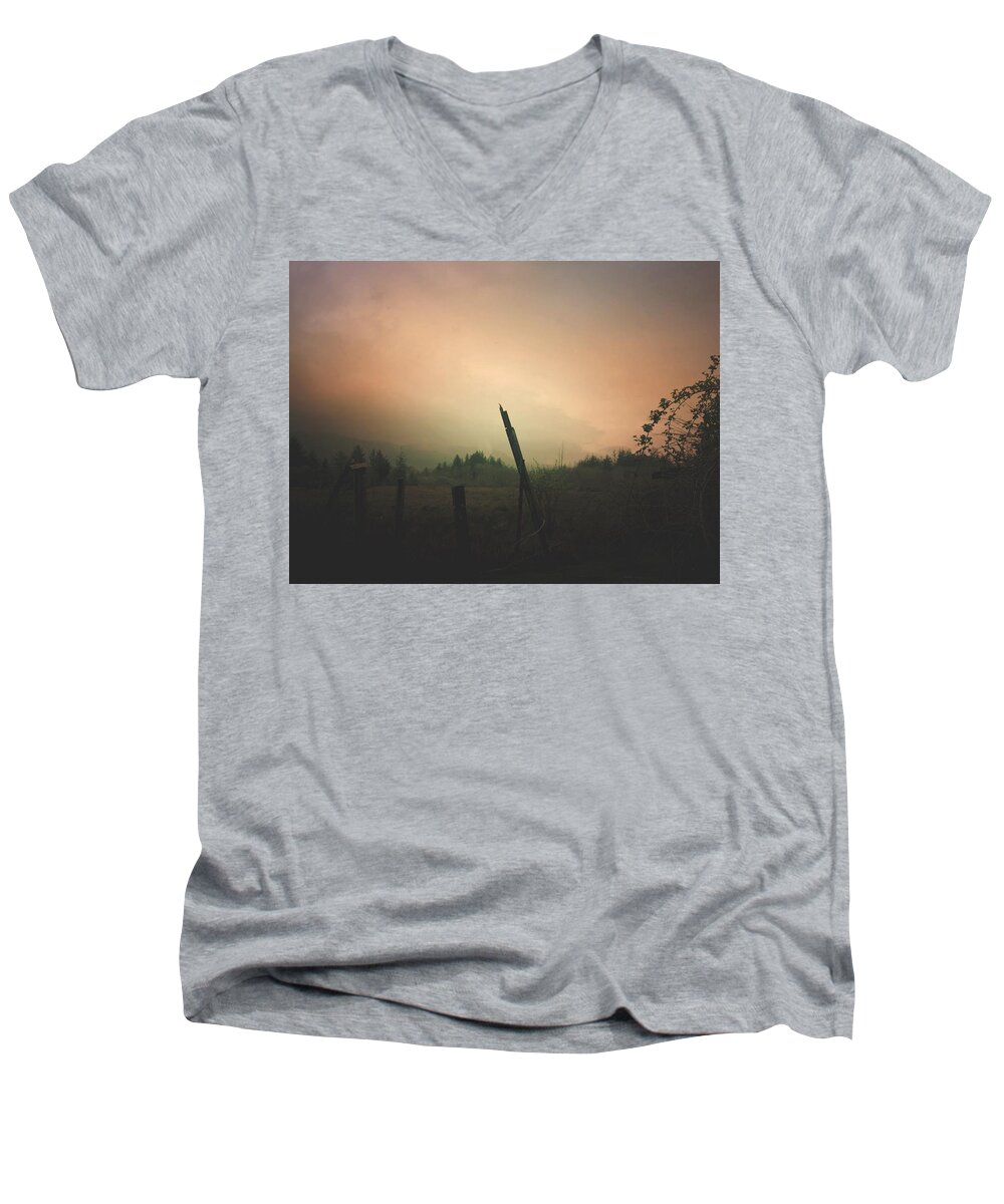 Rural Men's V-Neck T-Shirt featuring the digital art Lonely Fence Post by Chriss Pagani