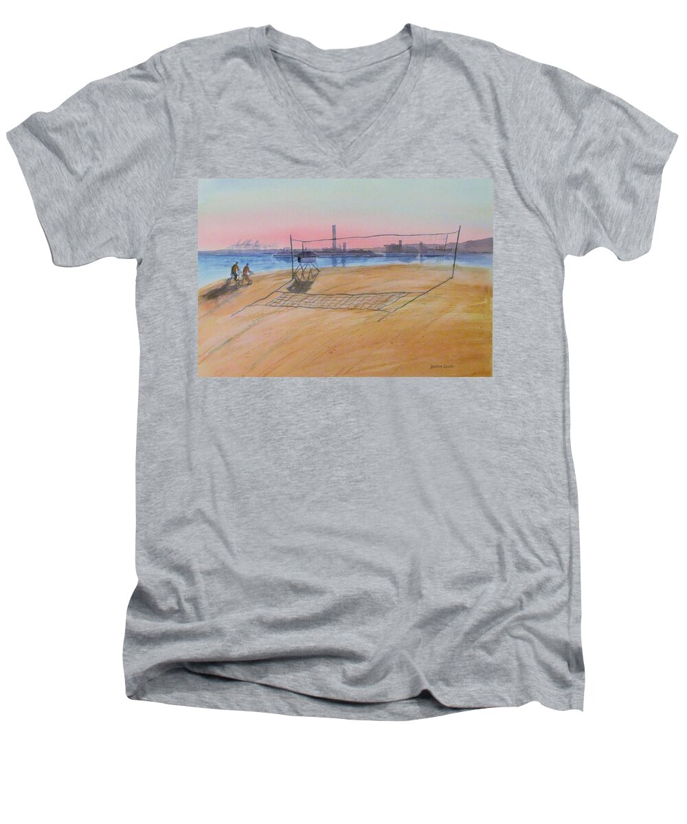 Watercolor Men's V-Neck T-Shirt featuring the painting Long Beach Icons by Debbie Lewis