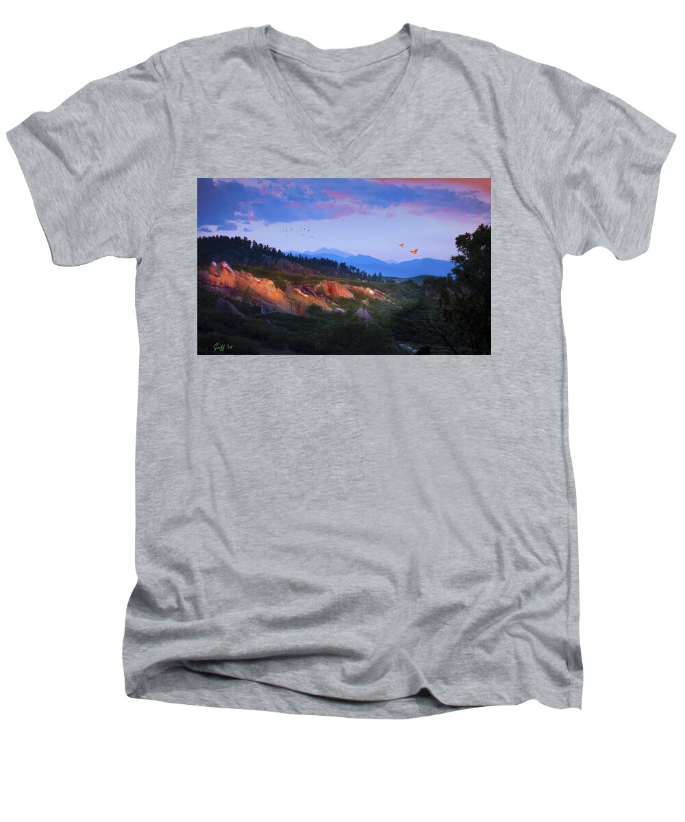 Colorado Men's V-Neck T-Shirt featuring the digital art Longs Peak and Glowing Rocks by J Griff Griffin