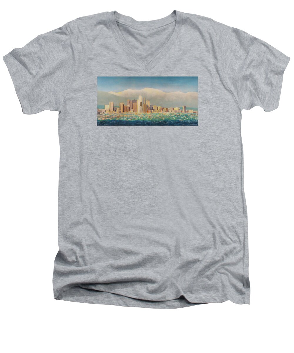 Sunset Men's V-Neck T-Shirt featuring the painting Los Angeles Sunset by Douglas Castleman