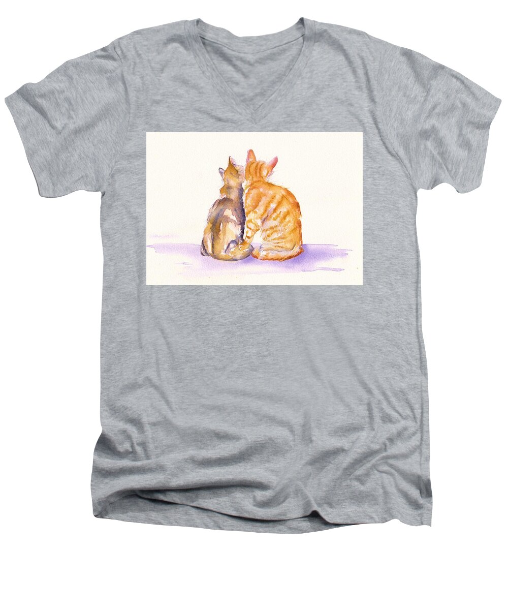 Kittens Men's V-Neck T-Shirt featuring the painting Love is... two kittens by Debra Hall