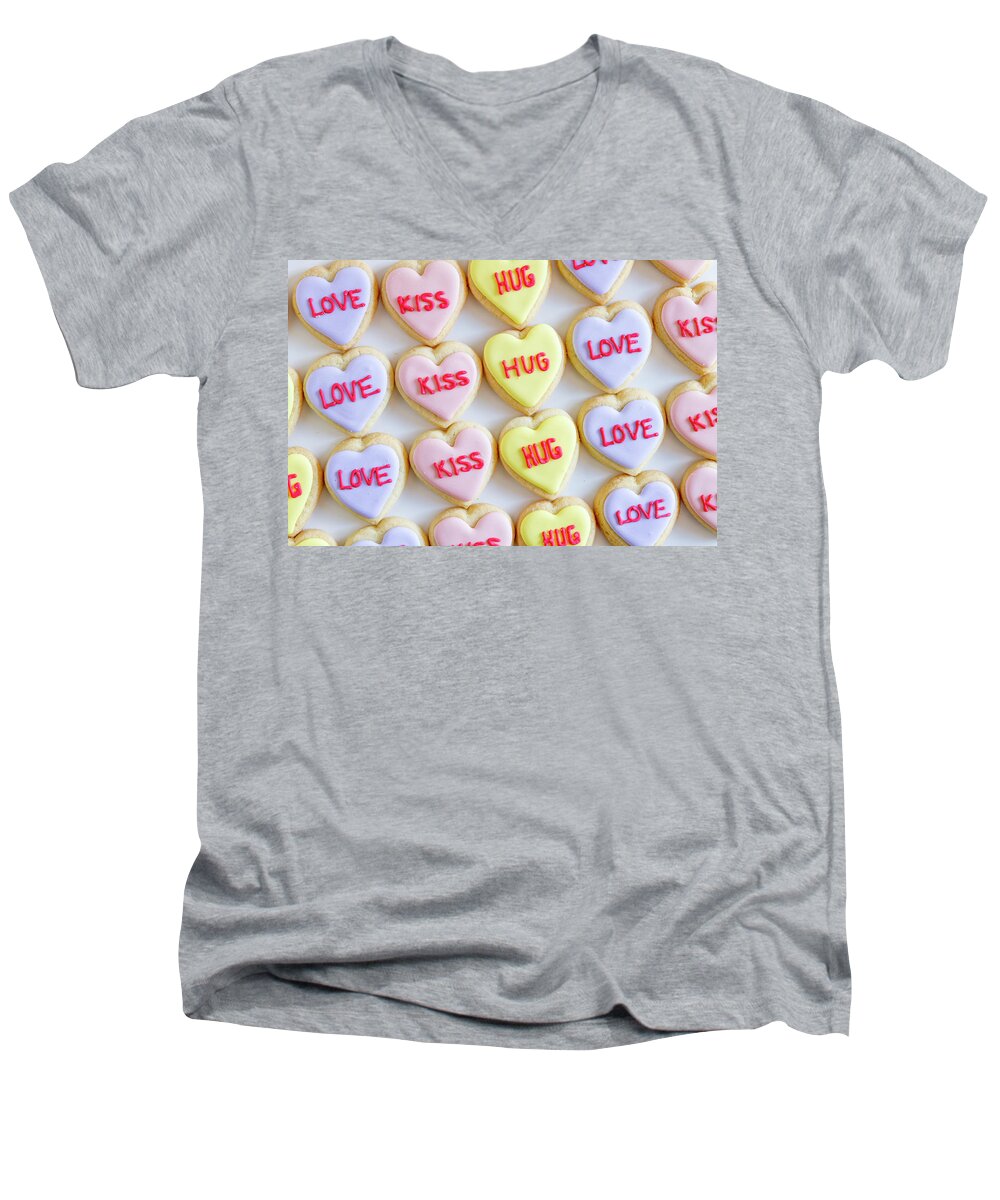 Valentines Day Men's V-Neck T-Shirt featuring the photograph Love Kiss Hug Heart Cookies by Teri Virbickis