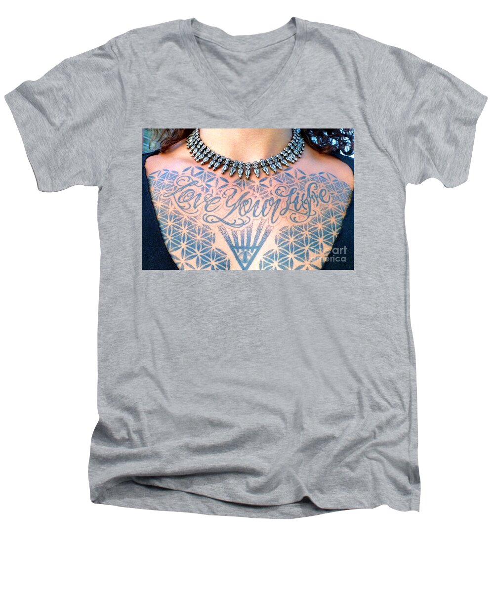 Tattoo Men's V-Neck T-Shirt featuring the photograph Love Your Life Tattoo by Barbie Corbett-Newmin