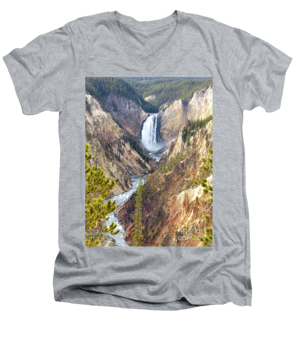 Falls Men's V-Neck T-Shirt featuring the photograph Lower Yellowstone Falls from Artist Point by Jean Wright