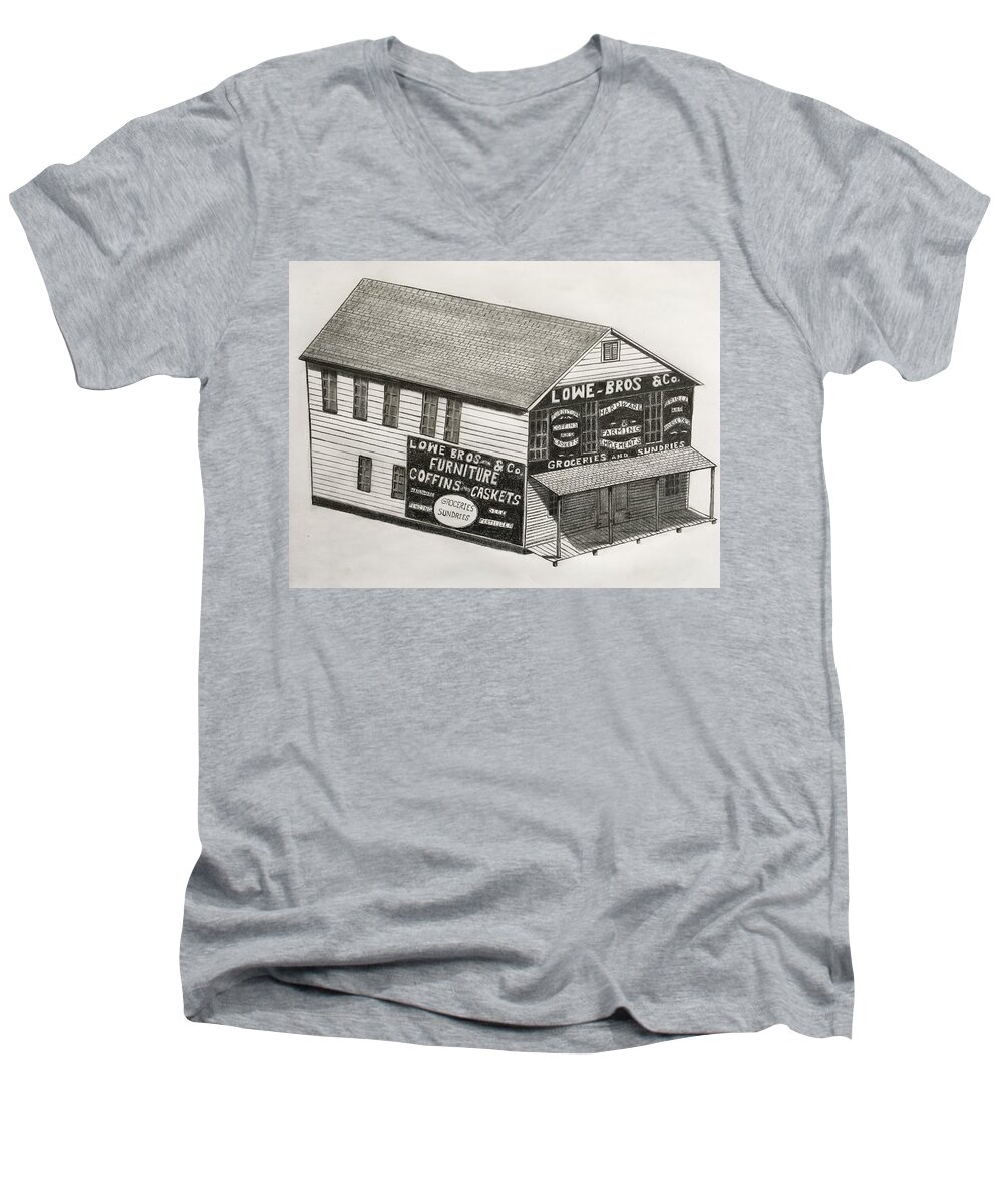 Pencil Men's V-Neck T-Shirt featuring the drawing Lowe Brothers Hardware by Tony Clark