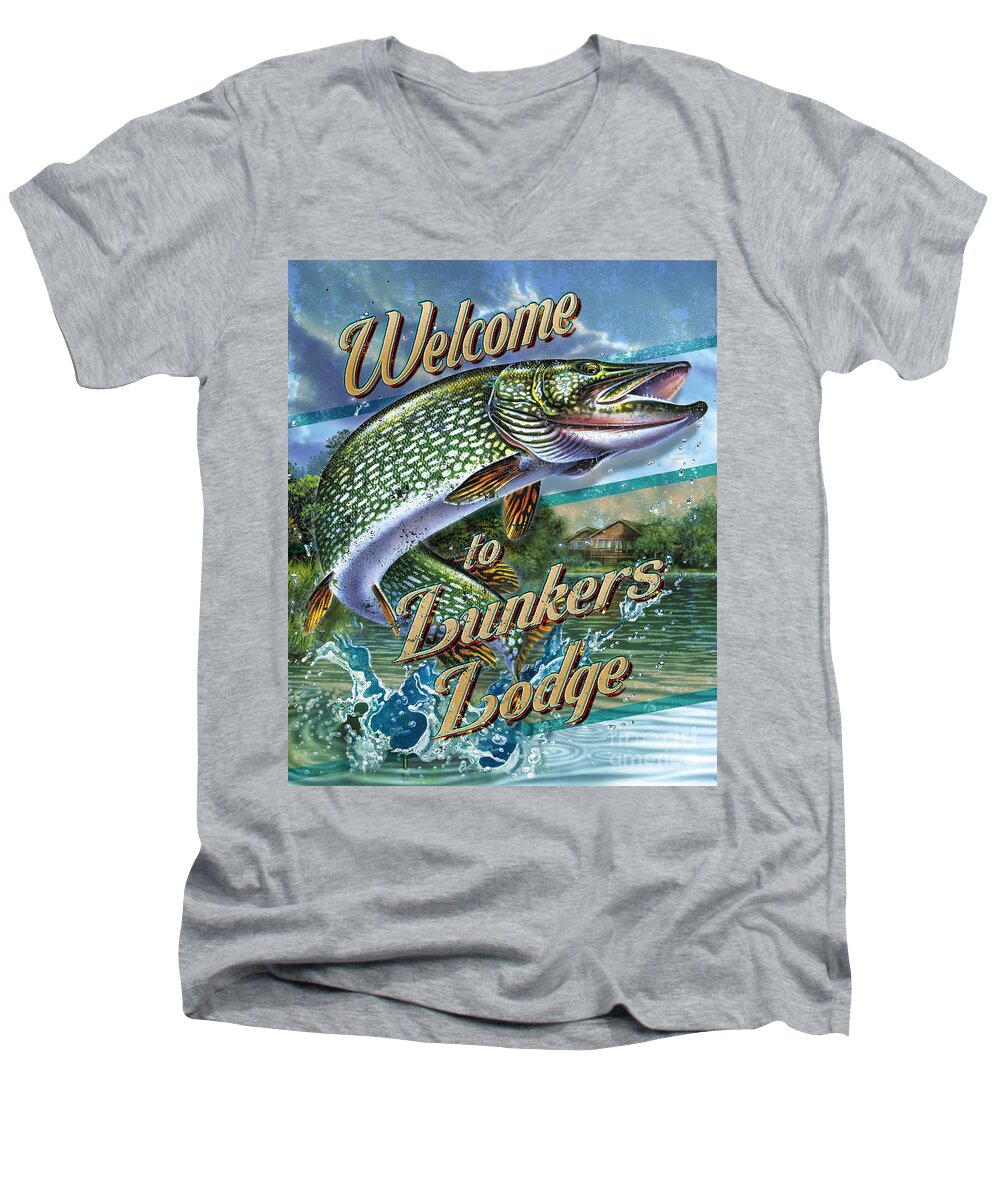 Jon Q Wright Men's V-Neck T-Shirt featuring the painting Lunkers Lodge Sign by JQ Licensing