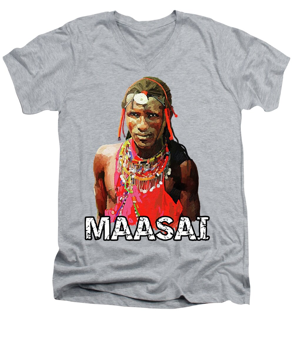 Cow Men's V-Neck T-Shirt featuring the painting Maasai Moran by Anthony Mwangi