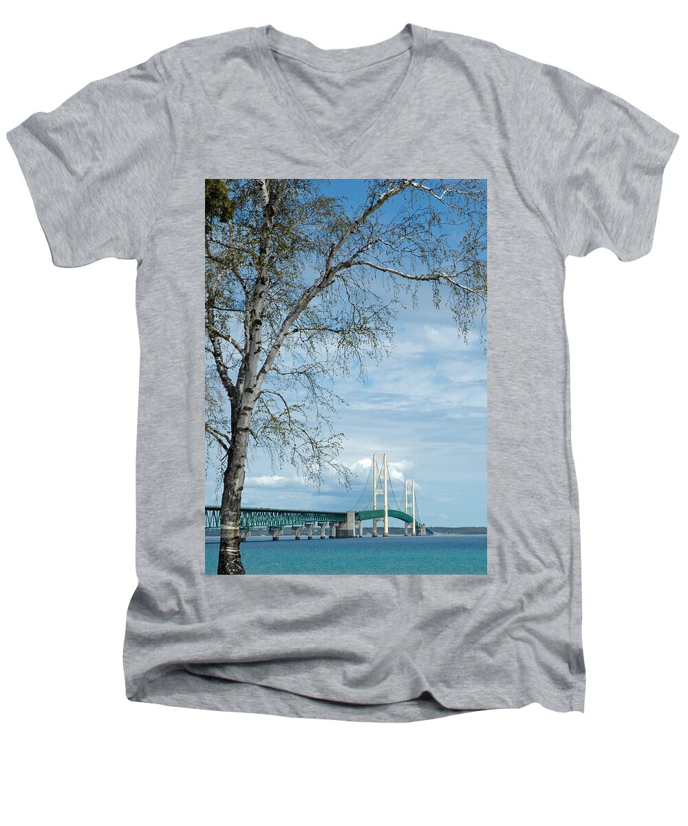 Usa Men's V-Neck T-Shirt featuring the photograph Mackinac Bridge Birch by LeeAnn McLaneGoetz McLaneGoetzStudioLLCcom