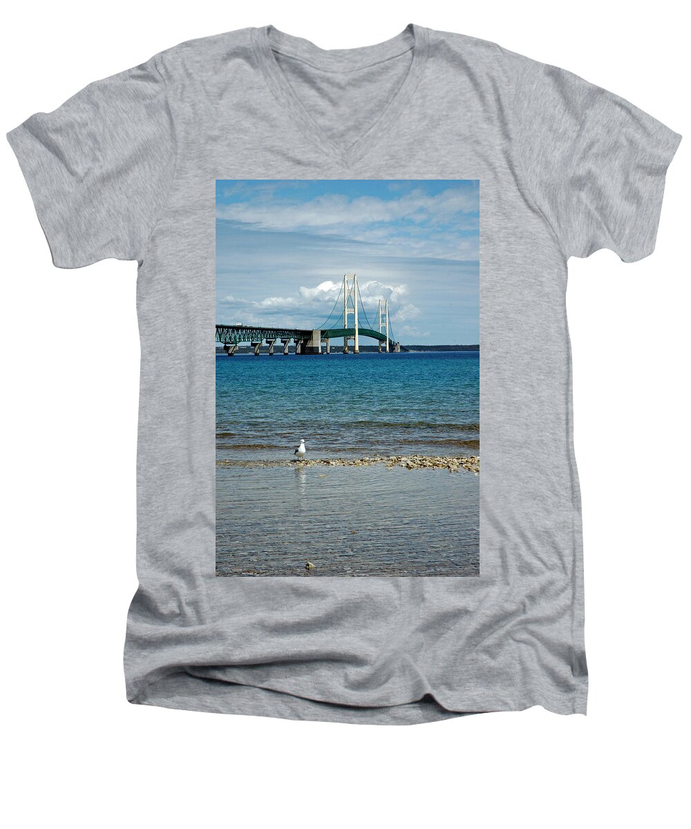 Usa Men's V-Neck T-Shirt featuring the photograph Mackinac Bridge private seagull Beach by LeeAnn McLaneGoetz McLaneGoetzStudioLLCcom