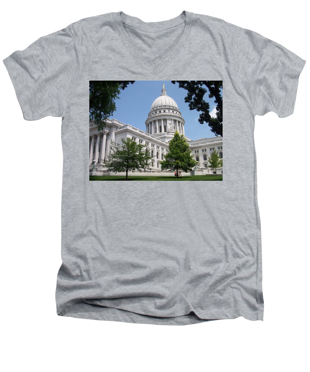 Madison Men's V-Neck T-Shirt featuring the photograph Madison WI State Capitol by Anita Burgermeister
