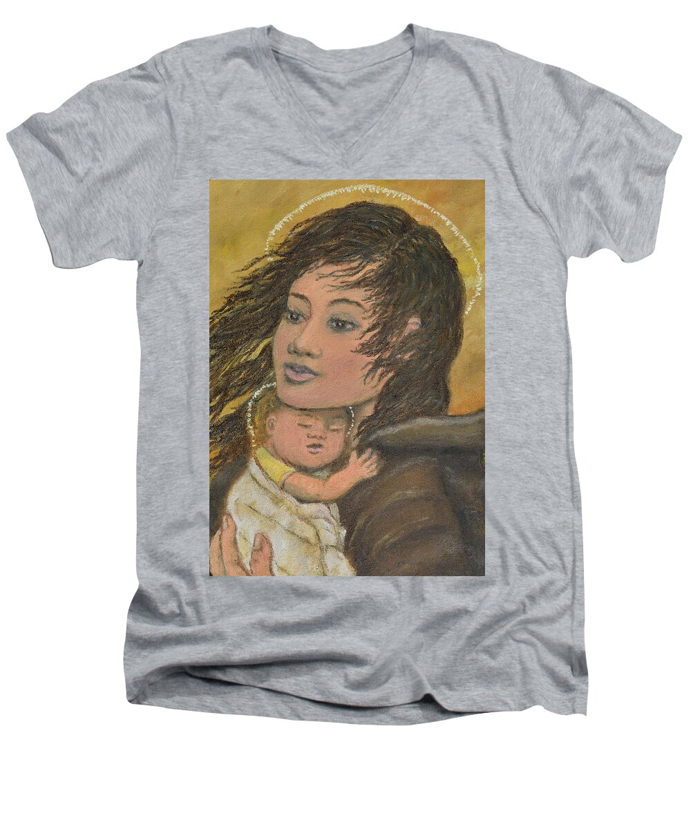 Madonna Men's V-Neck T-Shirt featuring the painting Madonna of the Prairie Wind by Kathleen McDermott