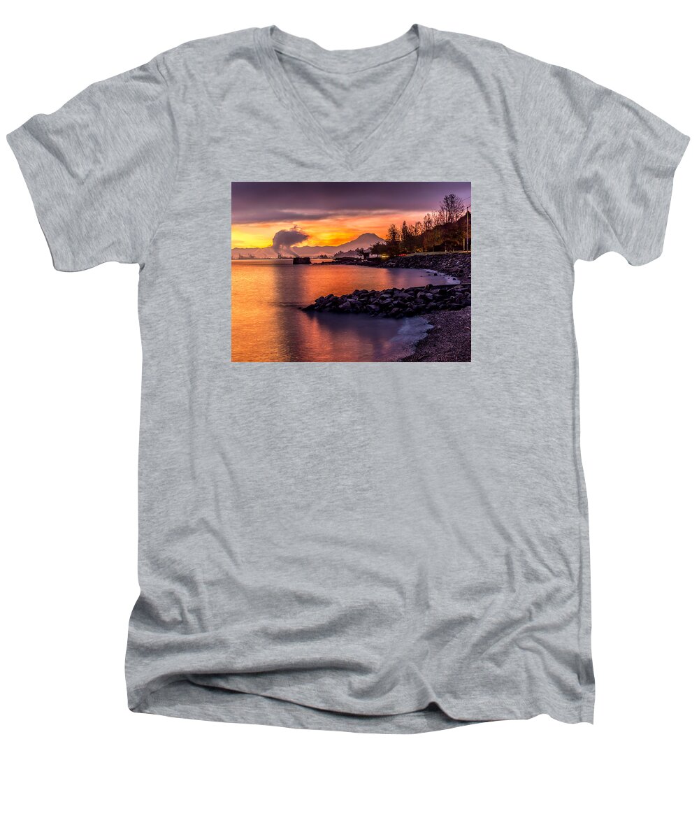 Red Men's V-Neck T-Shirt featuring the photograph Magical Sunrise on Commencement Bay by Rob Green