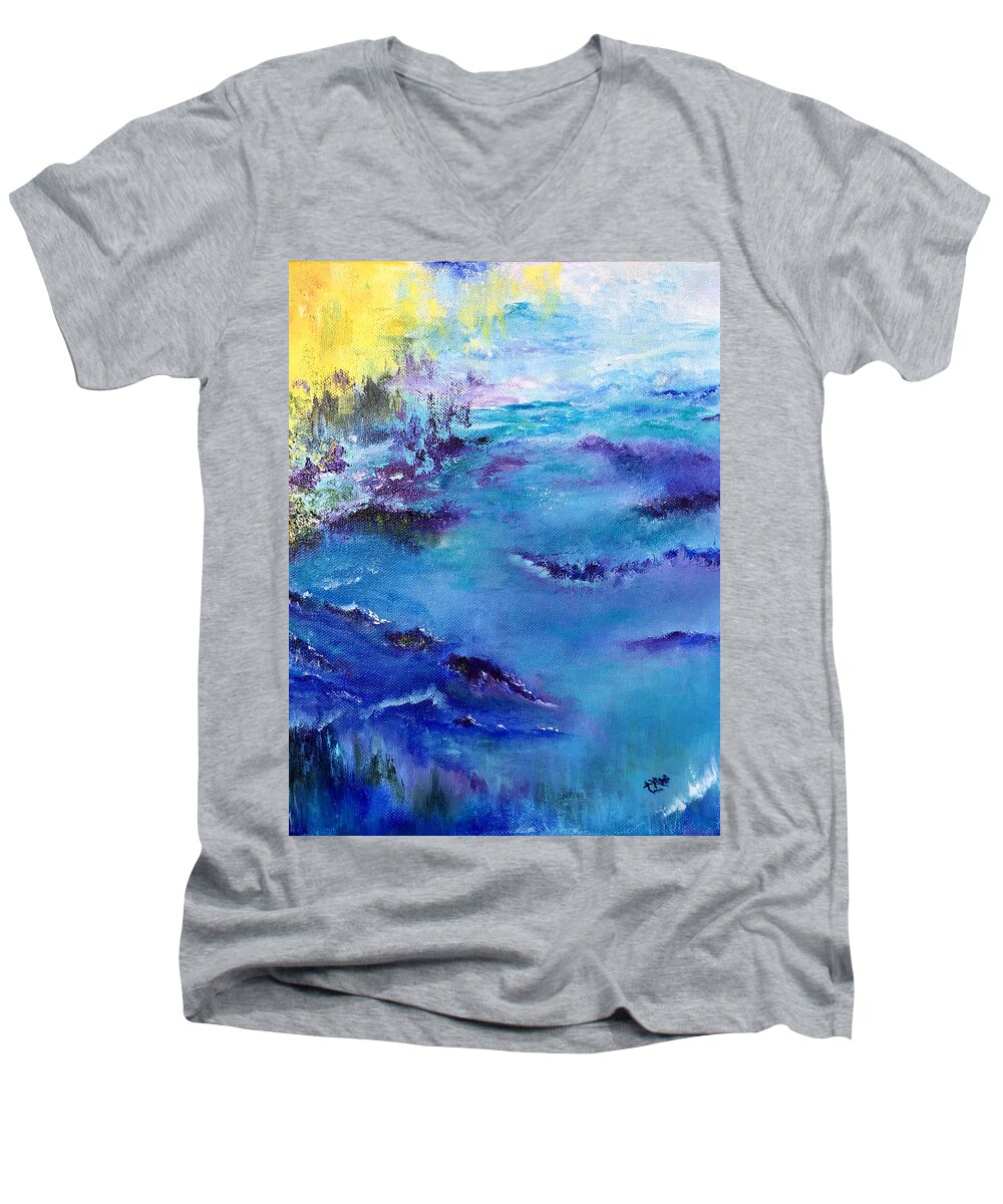 Impressionist Men's V-Neck T-Shirt featuring the painting Maine Coast, First Impression by Terry R MacDonald