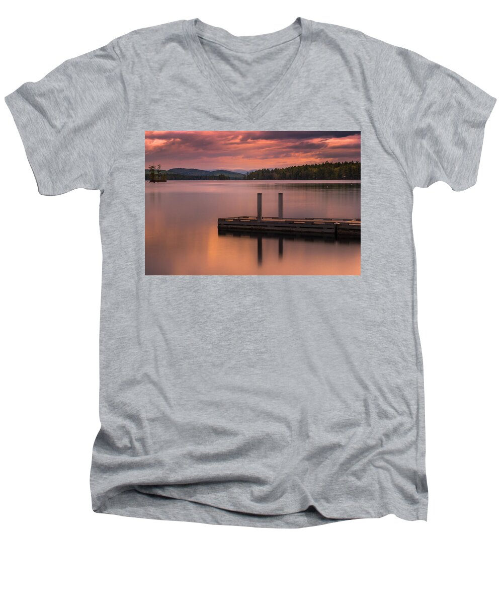 Maine Men's V-Neck T-Shirt featuring the photograph Maine Highland Lake Boat Ramp at Sunset by Ranjay Mitra
