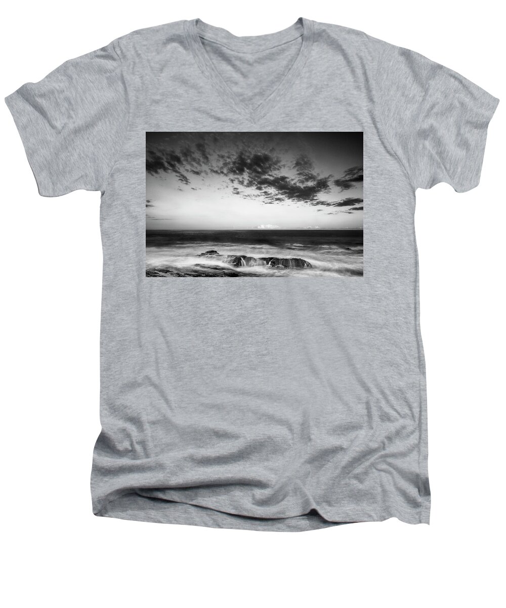 Maine Men's V-Neck T-Shirt featuring the photograph Maine Rocky Coast with Boulders and Clouds at Two Lights Park by Ranjay Mitra