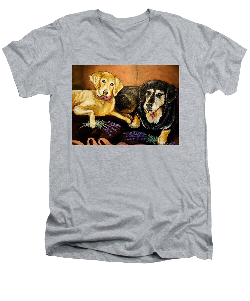Dogs Men's V-Neck T-Shirt featuring the painting Mandys Girls by Alexandria Weaselwise Busen