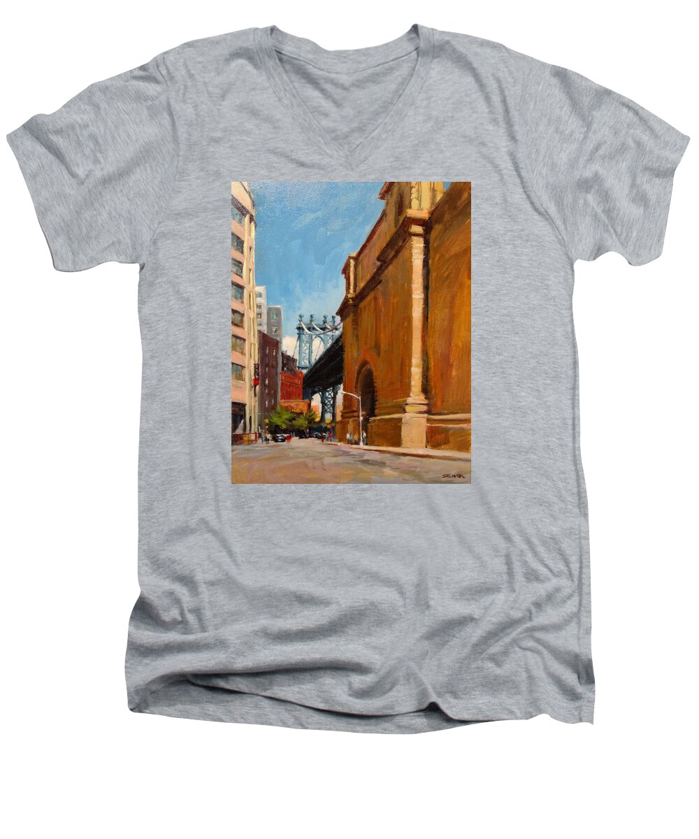 New York Men's V-Neck T-Shirt featuring the painting Manhattan Bridge from Front Street, Brooklyn by Peter Salwen