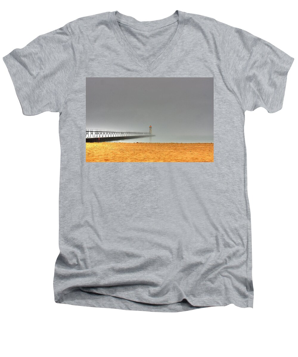 Lighthouse Men's V-Neck T-Shirt featuring the photograph Manistee Light and Fog by Randy Pollard