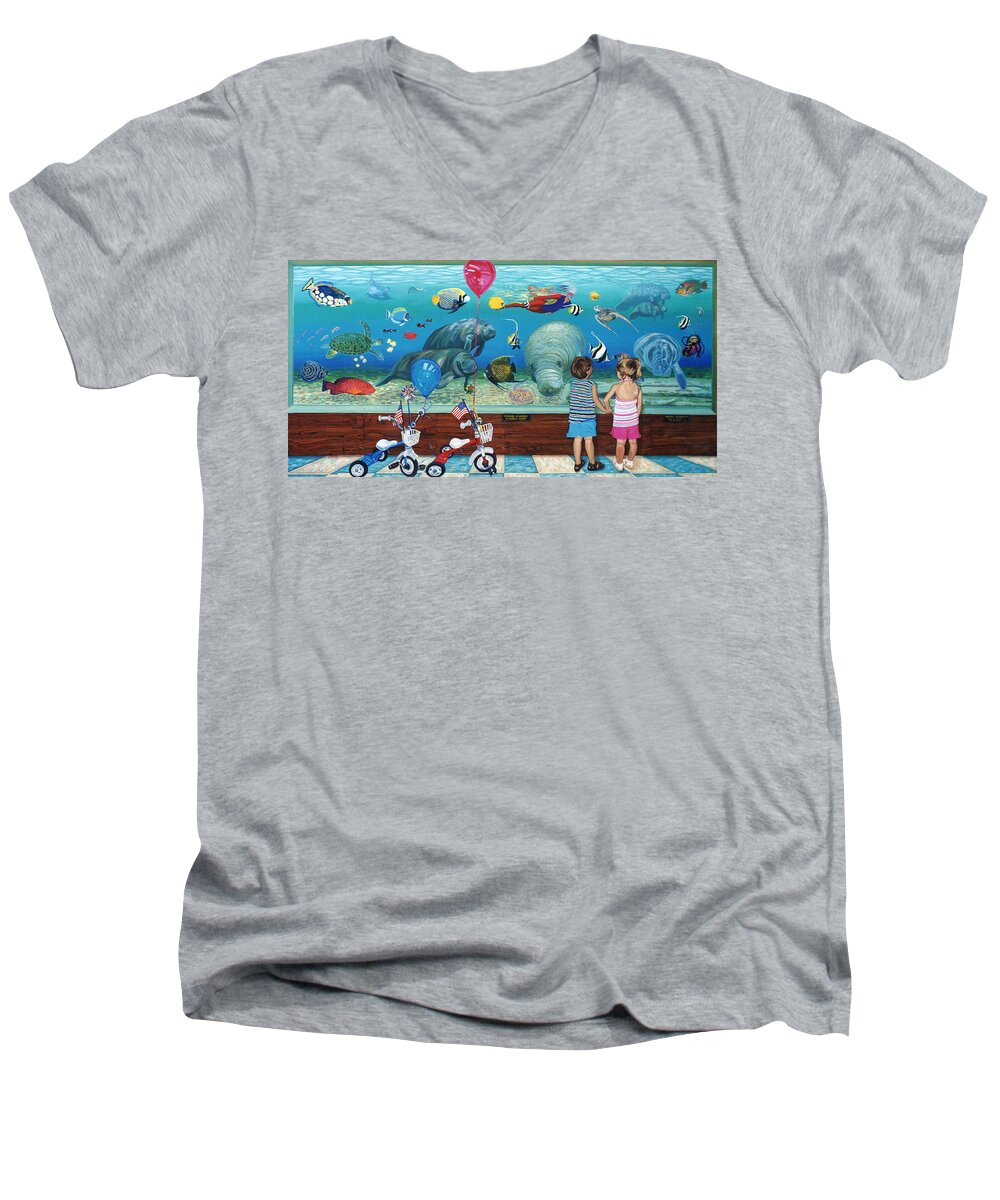 Fish Men's V-Neck T-Shirt featuring the painting Manitee Aquarium with my Twins by Bonnie Siracusa