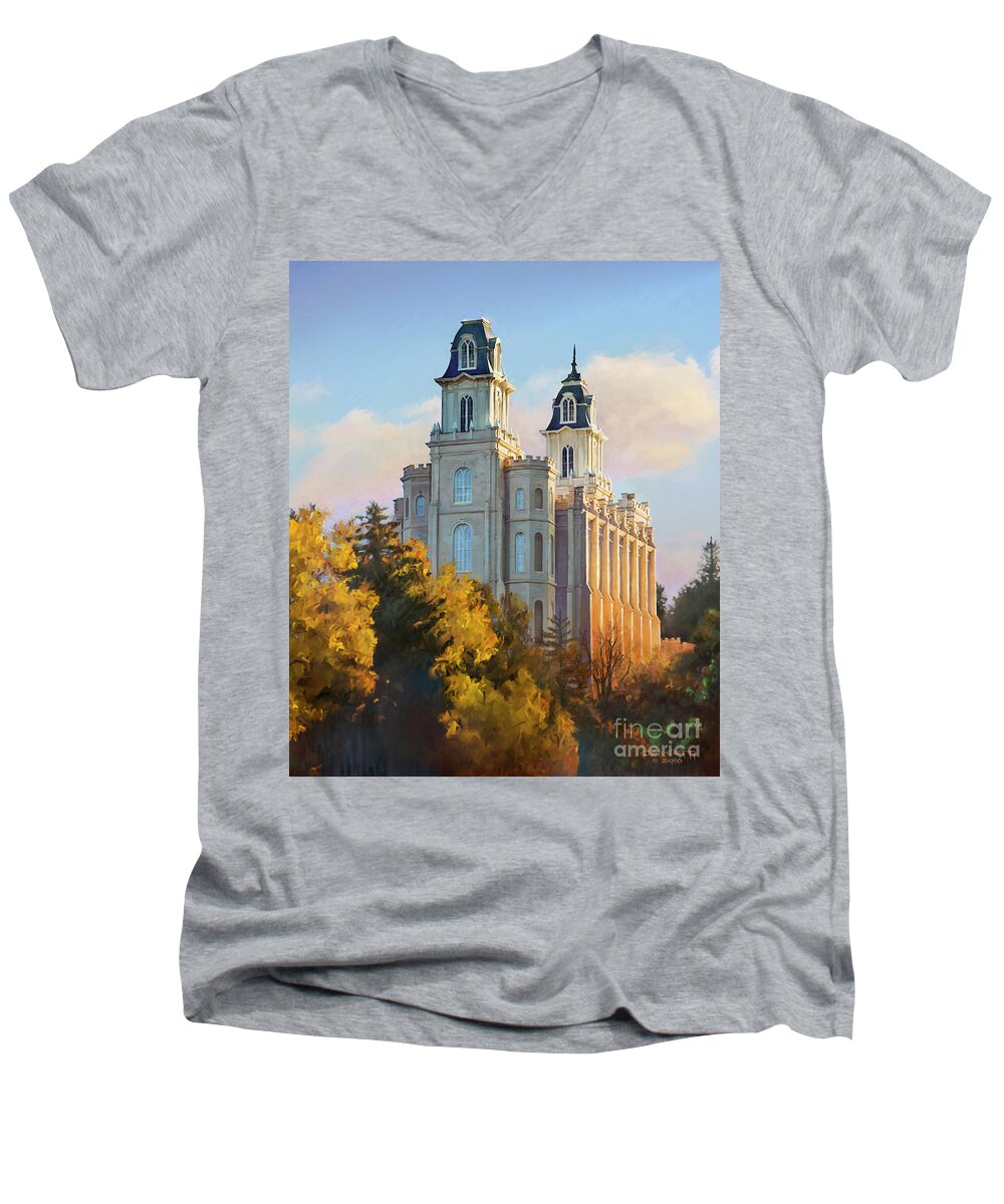 Manti Temple Men's V-Neck T-Shirt featuring the painting Manti temple tall by Robert Corsetti