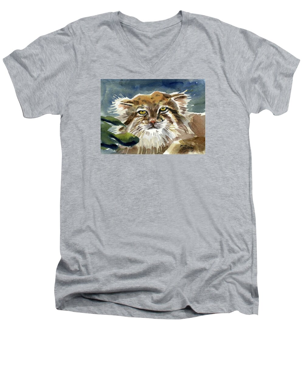 Manul Men's V-Neck T-Shirt featuring the painting Manul by Mimi Boothby