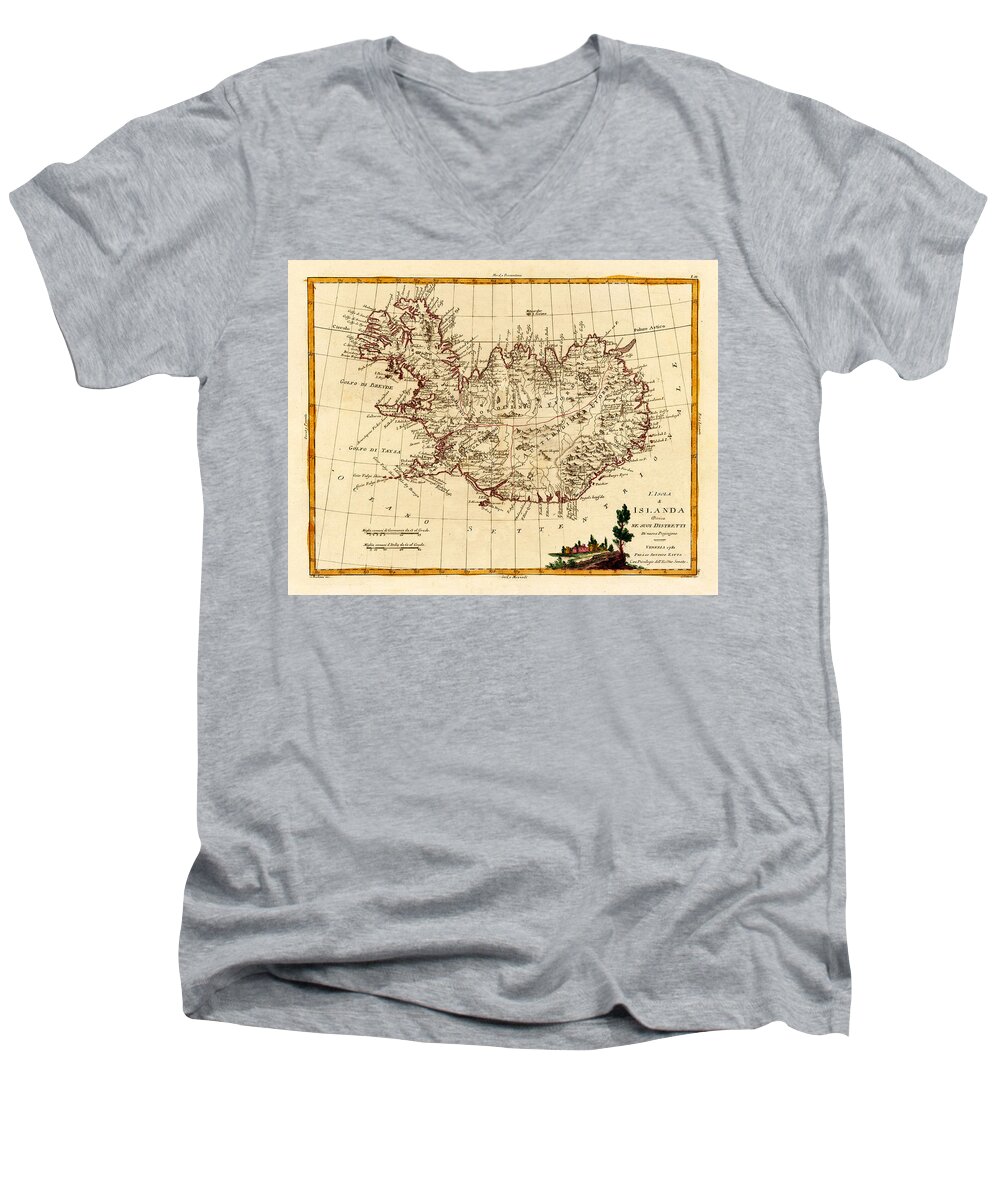 Map Of Iceland Men's V-Neck T-Shirt featuring the photograph Map Of Iceland 1791 by Andrew Fare