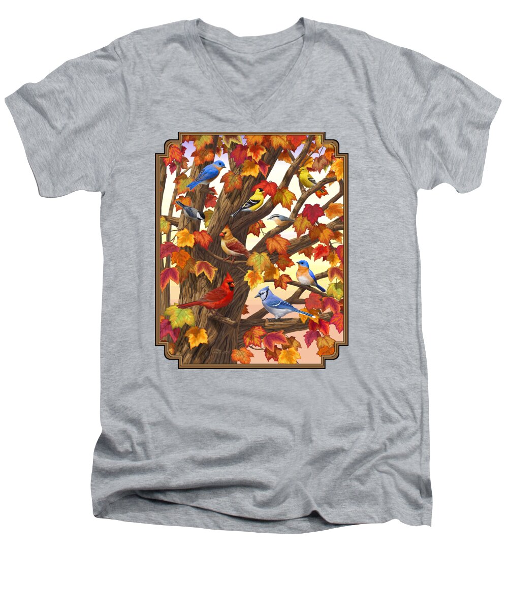 Bird Men's V-Neck T-Shirt featuring the painting Maple Tree Marvel - Bird Painting by Crista Forest