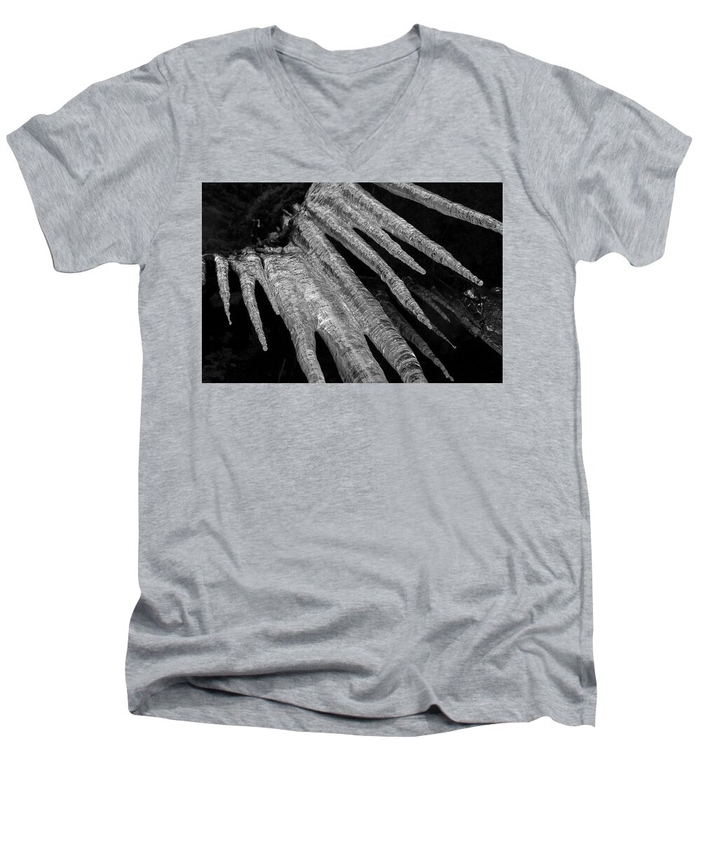 Icicles Men's V-Neck T-Shirt featuring the photograph March Icicles 3 by Mike Eingle