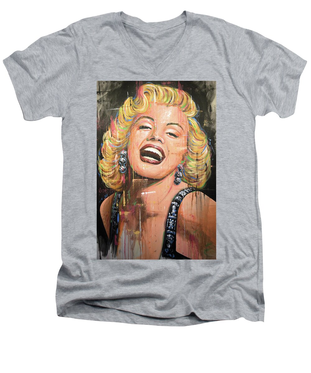 Marilyn Monroe Men's V-Neck T-Shirt featuring the painting Marilyn Monroe film movie actress art painting by Amy Giacomelli