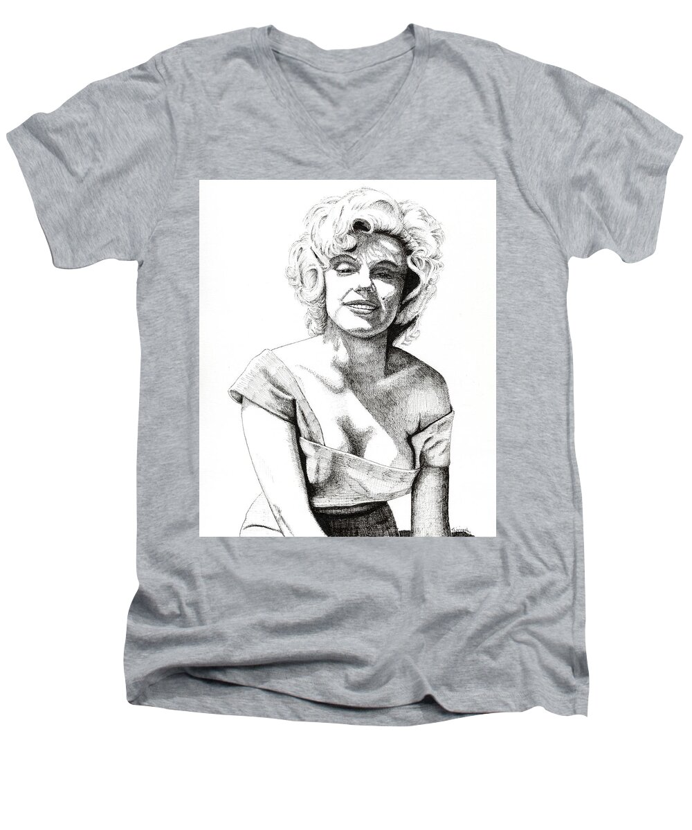 Portrait Men's V-Neck T-Shirt featuring the drawing Marilyn Monroe by Timothy Livingston
