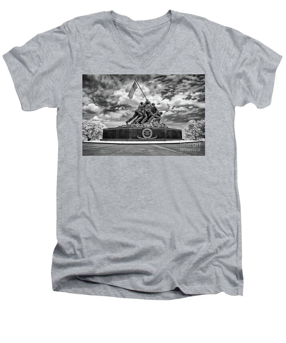 B&w Men's V-Neck T-Shirt featuring the photograph Marine Corps War Memorial by Anthony Sacco
