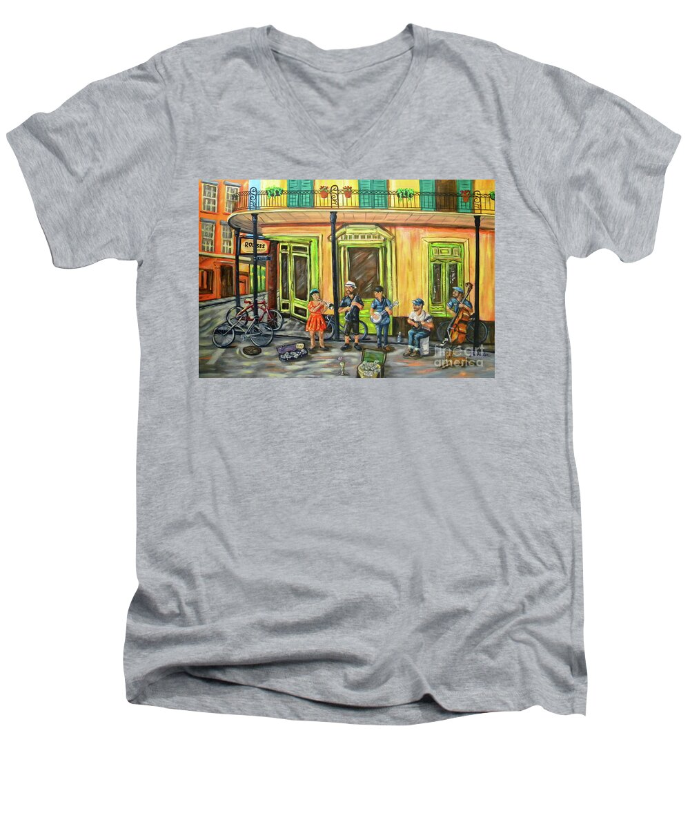 Band Men's V-Neck T-Shirt featuring the painting Market Musicians by JoAnn Wheeler