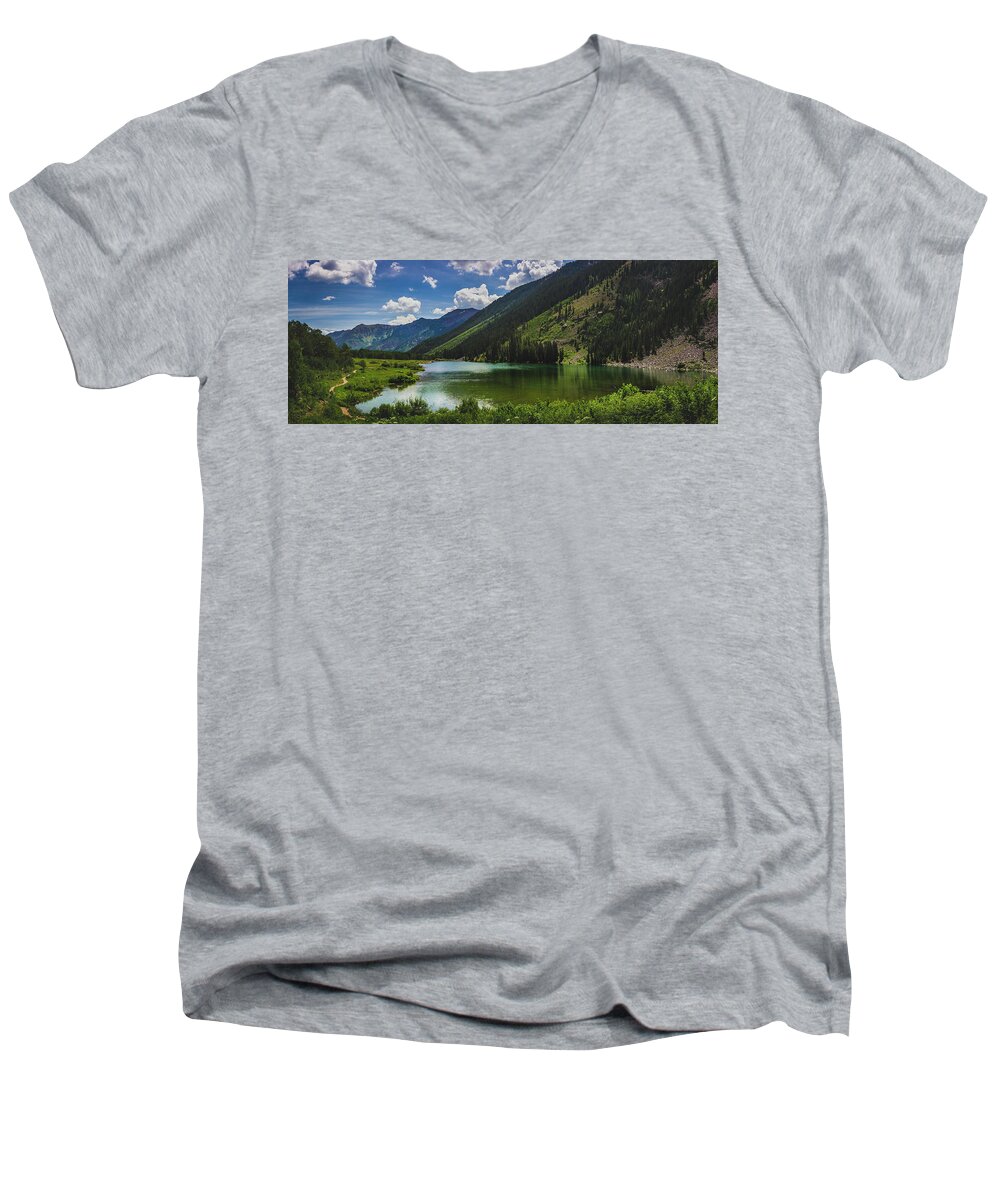 Aspen Men's V-Neck T-Shirt featuring the photograph Maroon Lake Panorama by Andy Konieczny