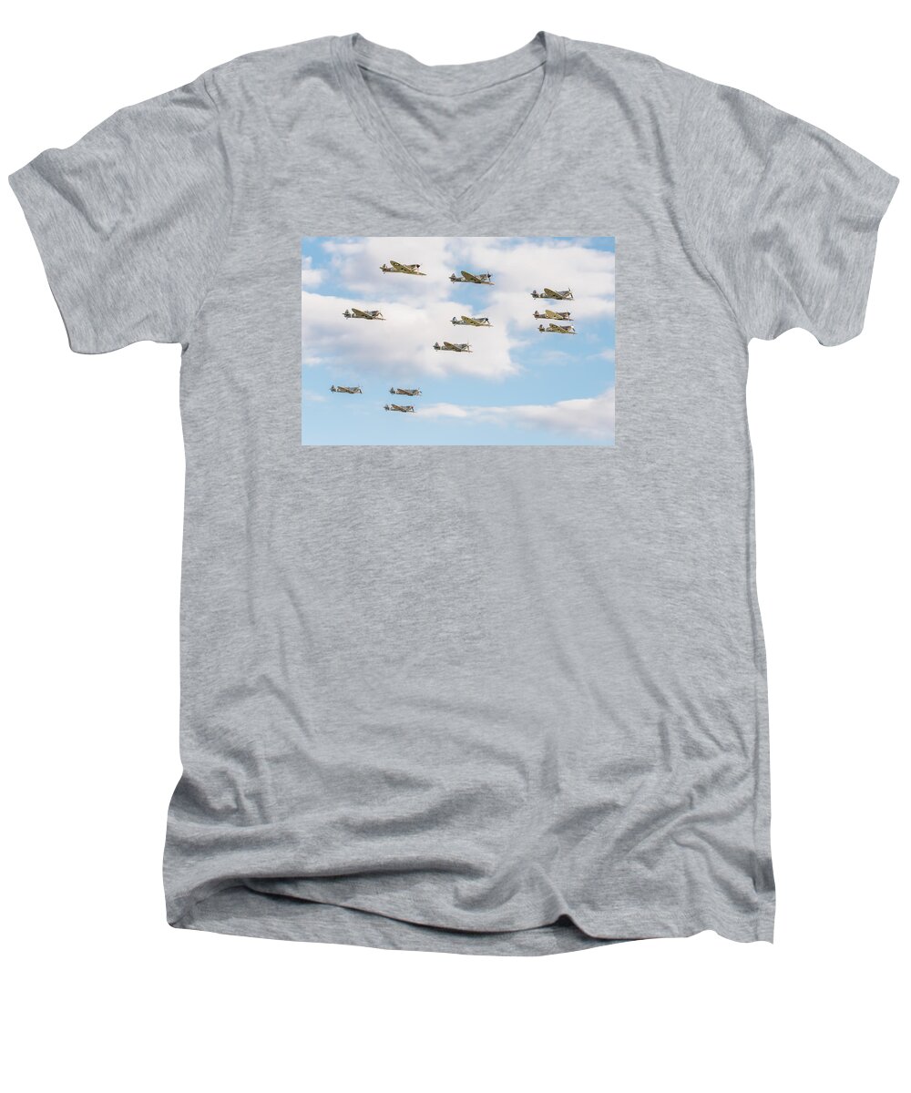 Duxford Battle Of Britain Airshow 2015 Men's V-Neck T-Shirt featuring the photograph Massed Spitfires by Gary Eason