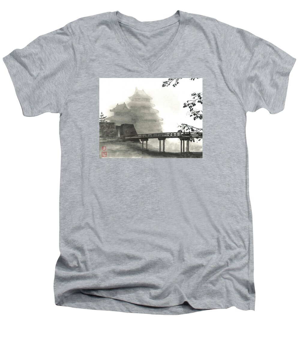 Mist Men's V-Neck T-Shirt featuring the painting Matsumoto Morning Mist by Terri Harris